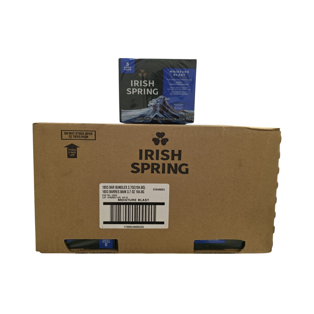 Jabón Irish Spring (Moisture Blast), 18 paquetes de 3 unidades, 3,7 oz (104,8 g)
